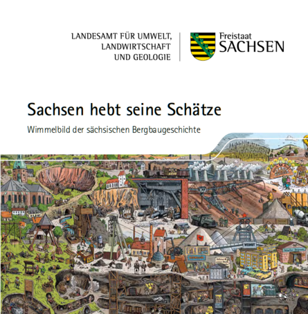 Das Bild zeigt das Titelblatt des Faltblatts Wimmelbild der sächsischen Bergbaugeschichte.